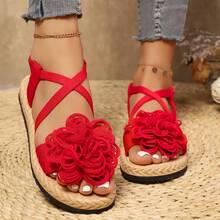 Elegantes sandalias planas florales para mujer, sandalias decoradas con grandes flores, zapatos planos casuales de punta abierta para todas las estaciones, sandalias ligeras y cómodas de est - Azul - Ver 11