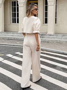 Set de 2 piezas con top con enredo frontal y pantalones con bordado floral para mujer - Albaricoque - Ver 3