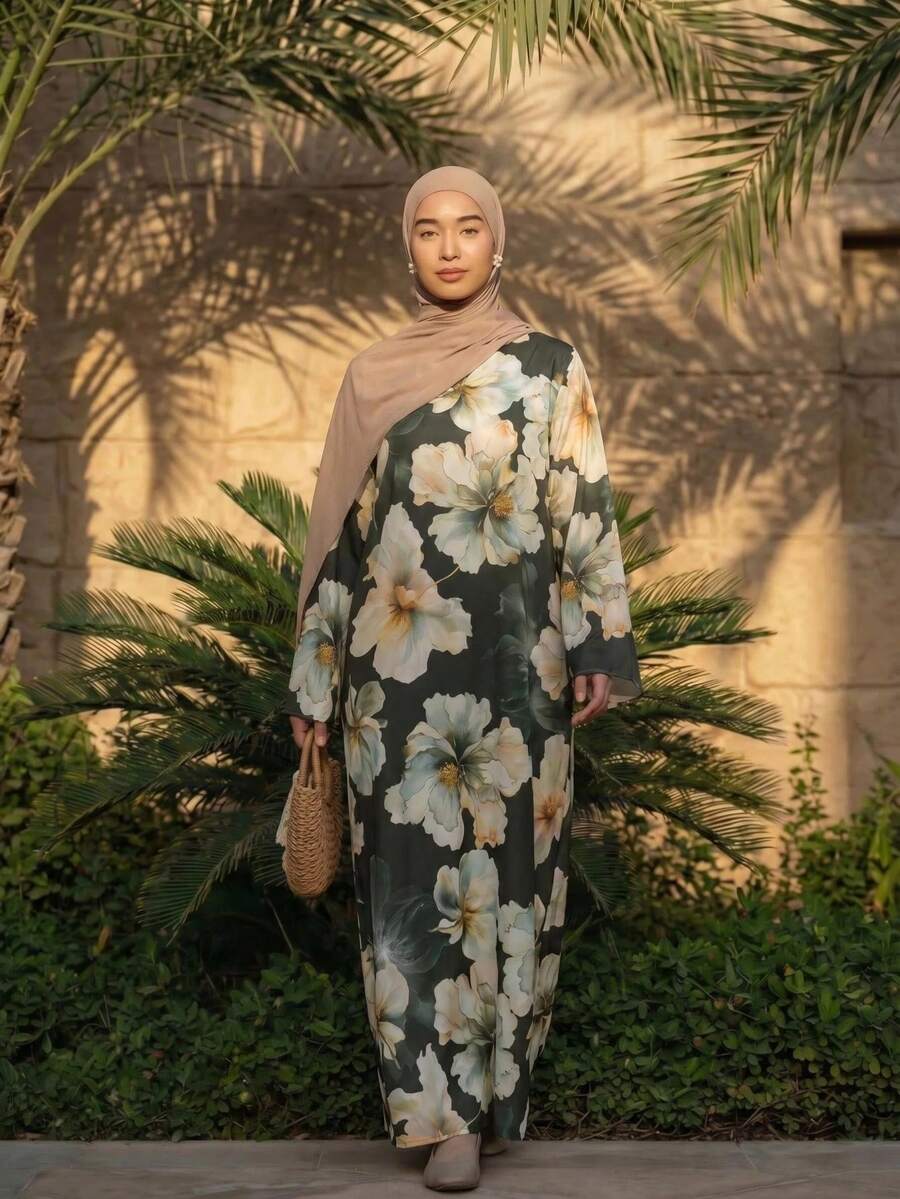 女款優雅寬鬆休閒長袖花卉印花阿巴雅長裙,圓領設計,秋季日常穿著首選 - 墨綠色 - 查看 1
