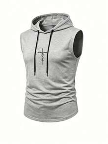 Men's Casual Hooded Tank Top, Lightweight Fashionable Printed Vest For Outdoor Sports, Breathable Fitness Running - Light Grey - View 5