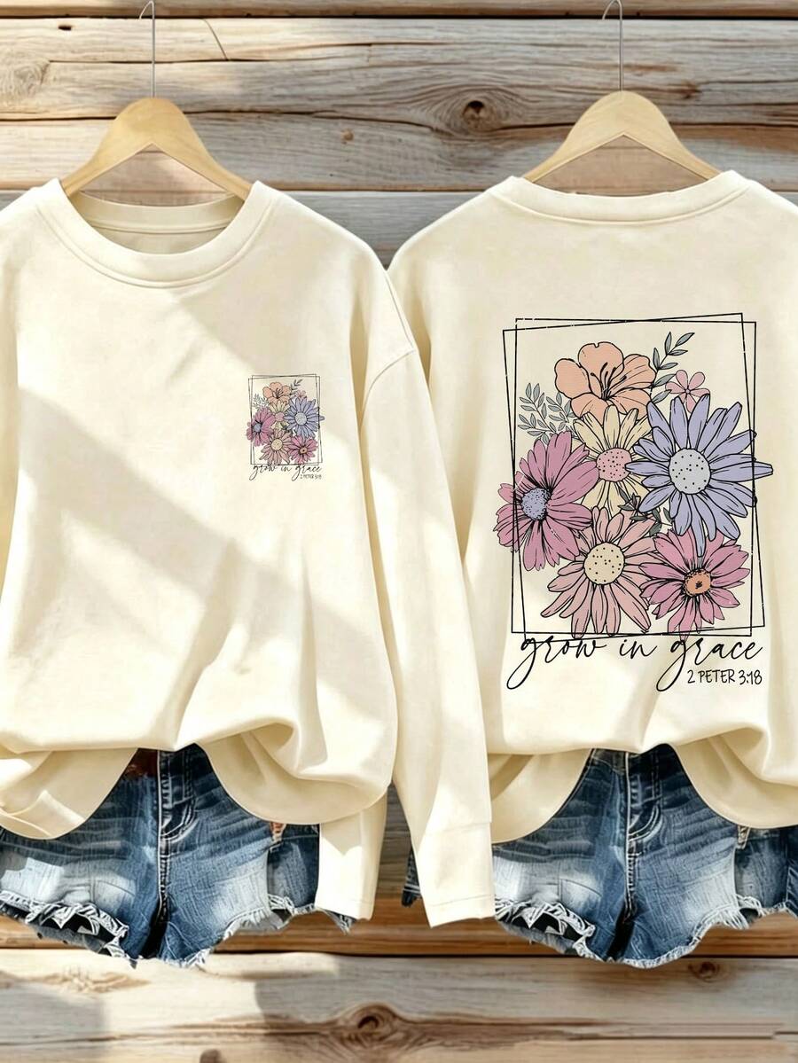 Kaos Lengan Panjang Leher Bulat dengan Motif Kasual dan Menarik untuk Remaja Perempuan, Atasan Musim Gugur/Dingin - Aprikot - View 1