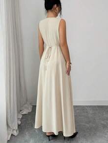 Elenzya Vestido de mujer beige liso sin mangas, abotonado simple con decoración de metal, cuello redondo, cintura ceñida con lazo, elegante, pa - Albaricoque - Ver 3