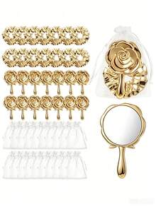 8/4/1 Set - Electroplated Gold Vintage Rose Makeup Mirror & Gold Disco Hair Scrunchie Set - Portable Folding Small Mirror, Hair Band, Storage Bag Styling Storage Set, Electroplated Gold Rose Hand Mirror, Gold Disco Hair Band, Gauze Storage Bag, Suitable As Gender Reveal Party Gift, Baby Shower Party Gift, Baby Party Theme, Birthday Gift, Wedding Gift, Guest Favor, 2026 New Year Party Set - Gold - View 2