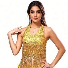 1 pieza Top de sujetador halter hecho a mano con lentejuelas y flecos con cordones, top corto de danza del vientre para mujer, atuendo estilo sari bohemio, disfraz retro para festival, rave, fiesta, discoteca, playa, ropa exótica, accesorios de playa para mujer - Multicolor - Ver 8