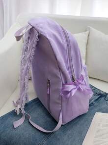 3-Piece Nylon Solid Color Backpack Set, Foldable Multi-Pocket Large Capacity Zipper Backpack, Suitable For Teenagers And High School Students - Purple - View 4