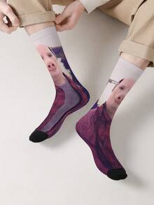 1 Pair Fashion Street Style John Pig & Breakfast Character All-Over Print Socks, Breathable Soft Meme Style Sports Casual Unisex Socks - Multicolor - View 3