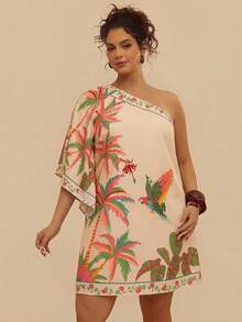 vachic Vestido casual elegante de manga corta con hombro asimétrico y estampado tropical de plantas, suelto, adecuado para salidas y vacaciones en primavera/verano, talla grande para mujeres - Multicolor 2 - Ver 1