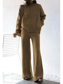 AOHITE Mujeres Adultas Conjunto de Ropa Casual Beige: Camiseta de Manga Larga con Cuello Redondo y Pantalones Anchos - Caqui - Ver 2