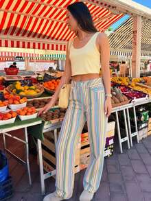 Women's Rainbow Striped Straight Leg Jeans, Casual Street Style Pants For Spring/Summer, Holiday Outfits - Multicolor - View 4