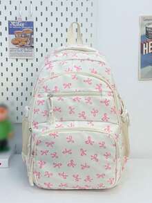 New Semester Student Backpack; Bow Print Backpack, Suitable For Elementary And Middle School Students - White - View 6
