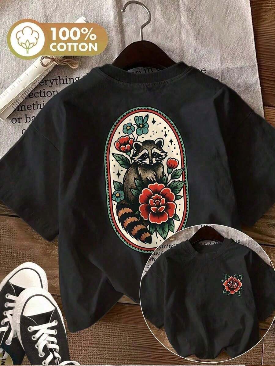 Women's LingK Cotton T-Shirt, Double-Sided Raccoon And Flowers, Vintage Crew Neck For Spring And Summer. - 黑色 - 查看 1