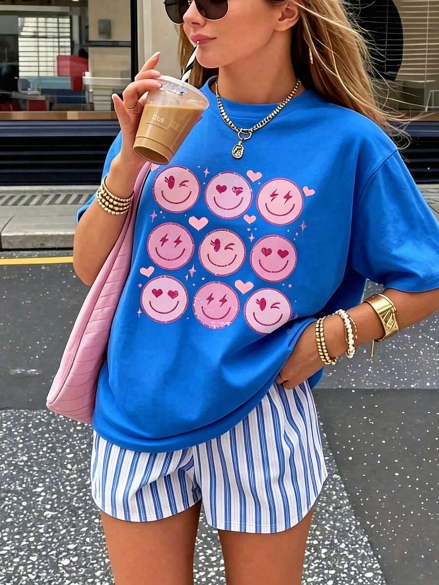 2件組復古美式卡通印花條紋拼接休閒INS風女款睡衣套裝