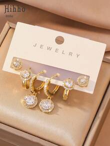 Hihho 6pcs/Set Dual-Color Round Pendant Zirconia Ear Cuff Set, Fresh Sweet Luxury Style, Based On Gold And Silver Dual-Color, Featuring 3D Round Shape + Trapezoidal Zirconia Inlay + Full Rhinestone Ear Hoop Combination, Dynamic And Fresh Design, Transparent And Sparkling Zirconia, Combining Youthful Charm And Exquisite Luxury, Suitable For Full Ear Stacking, Daily Commute, Dating, Best Friend Gift, Spring Outfit And More - Round Pendant Set - View 11