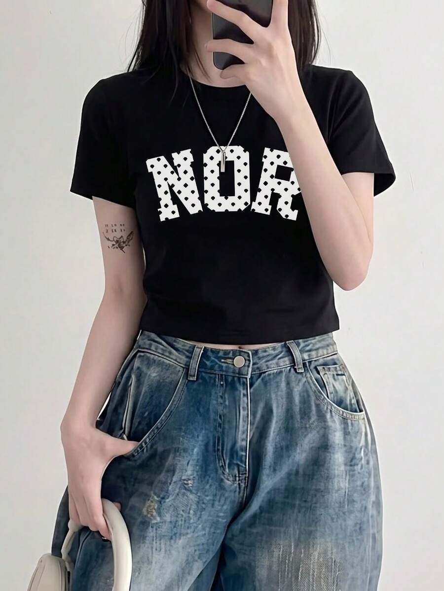Women's Casual Round Neck Short Sleeve T-Shirt With Polka Dot, Letter And Heart Print, Versatile For Commuting, Spring/Summer Black - Black - View 1