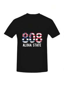 Men's Casual T-Shirt 808 Aloha State T-Shirt - Hawaii And Flag Print (808 Area Code) - British Style Hawaiian Casual Shirt For Beach, Travel And Casual Wear - 黑色 - 查看 1