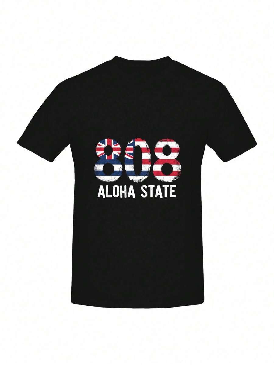 Men's Casual T-Shirt 808 Aloha State T-Shirt - Hawaii And Flag Print (808 Area Code) - British Style Hawaiian Casual Shirt For Beach, Travel And Casual Wear - 黑色 - 查看 1