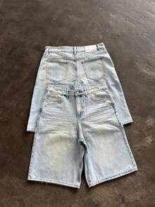 男士淺色水洗寬鬆大腿寬牛仔短褲 Jorts，復古膝長街頭風牛仔短褲，適合夏季 - 淺藍色 - 查看 2