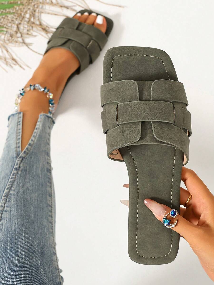 Ximi Ruo Spring/Summer New Women's Fashion Casual Slide Sandals, Comfortable Flat Low-Heel Round Toe Minimalist Outdoor Beach Slippers, Versatile Decorative Flat Sandals For Women - Green - View 1