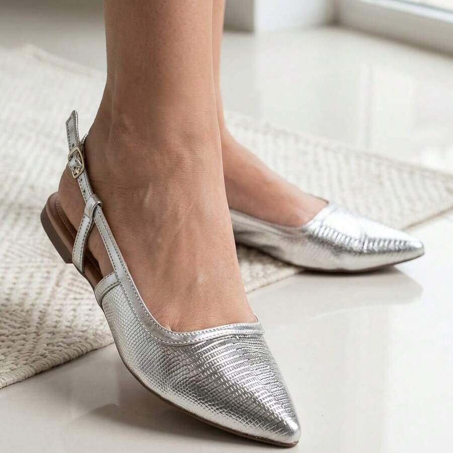 Women's Mule Shoe, Pointed Toe, Flat Sandal, Open Back, Slingback, Plain, Comfortable, Soft Sole - 銀色 - 查看 1
