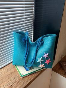 Summer Beach Bag, Straw Woven Large Capacity Women's Handbag, Decorated With Sunflowers And Starfish, Perfect For Beach Vacation, Shopping And Dating - Blue - View 5
