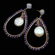 Pendientes de Lágrima Redondos de Amatista, Chapados en Oro, con Perla Blanca y Ágatas de Encaje Morado y Azul PWIGAAHTW - 1 - Ver 4