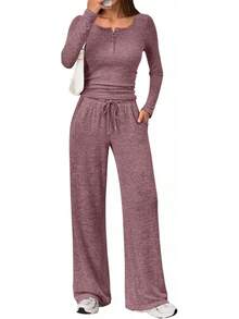 Trendy Queen - Conjunto de 2 piezas a juego para mujer, trajes de otoño a la moda, cuello henley, suéter de pierna ancha, pantalones de chándal - Marrón - Ver 1