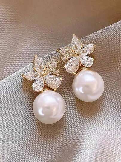 1 Pair Fashionable Elegant Flower Copper Alloy Inlaid Artificial Zirconia & Faux Pearl Design Exquisite High-End Luxury Style Suitable For Party, Date, Gathering, Ball, Women's Earrings