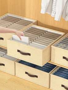 1pc Gray Clothes Storage Box, Pants Organizer, Divided Storage Tool, Wardrobe Storage, Double Row Clothes And Pants Storage Box, Suitable For Home Storage And Organization,Dorm Room - Beige - View 1