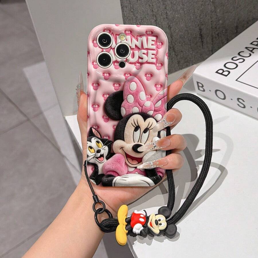 Disney Mickey Mouse Clubhouse Phone Case : 3D Fluffy Pattern Border Protector Phone Soft Phone Case With A Free Cute Mickey Mouse Bracelet Chain Lanyard, Mickey Mouse, Minnie Mouse, Donald Duck, Daisy Duck, Goofy, Pluto, For Apple 17 Promax 17 Pro 16 15 14 13 12 11 Pro Max XS Max X XR Soft Cover Summer Phone Case - White - View 1