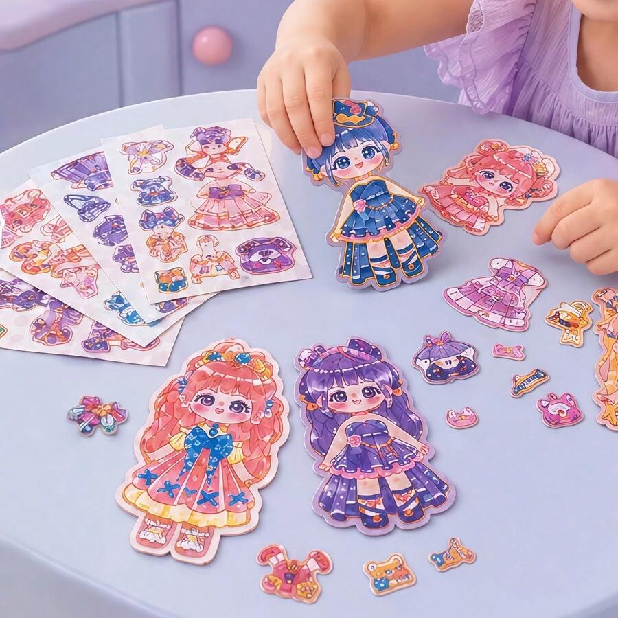 1套/2套/4套 女孩公主換裝貼紙 DIY 換裝貼紙遊戲 可自由黏貼磁性靜趣書貼紙 卡通創意冰箱磁鐵 文具禮品 適合女孩 開學季用品 學生用品 生日禮物 節日禮物 女孩遊戲 換裝遊戲