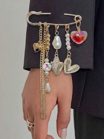 1pc Vacation Style Personalized Fashion Metal Full Rhinestone Heart Conch Pendant Women's Brooch Metal Chain Tassel Ceramic Beads Artificial Asymmetrical Pearl Multi-Purpose Pin Can Be Worn On Bags, Pants, Pant Legs, Hats, Etc.