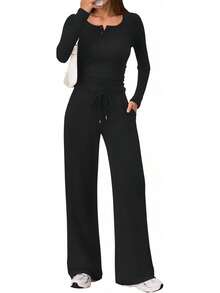 Trendy Queen - Conjunto de 2 piezas a juego para mujer, trajes de otoño a la moda, cuello henley, suéter de pierna ancha, pantalones de chándal - Marrón - Ver 10