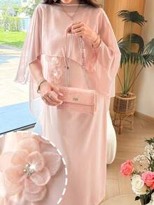 Light Pink Chiffon Maxi Dress With 3D Flowers And Scarf For Spring/Summer - Pink - View 1