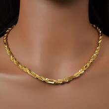 18K Gold Plated Interlocking Rectangular Chain Jewelry Set, Hollow Chain Necklace And Bracelet, Suitable For Women And Men Daily Streetwear - Gold - View 7