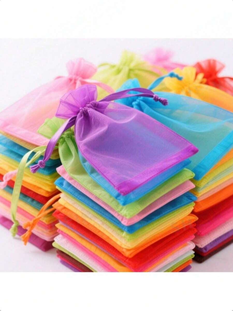 10/100pcs Mixed Color Organza Gift Bags, Drawstring Jewelry Candy Storage Bags, Suitable For Wedding, Valentine's Day, Halloween, Christmas And More Occasions Packaging Bags - Multicolor - View 1