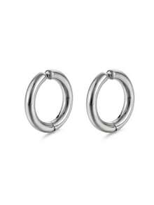 1pair Stainless Steel Non-piercing Circle Ear Cuff Fake Earrings, Classic Punk Style For Men And Women - Silver - View 7