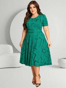Midi Dress With Flared Skirt, Belt, And Geometric Print. - Green Flag - View 2