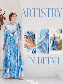 Women's Lightweight 2 Pieces Headscarf Set, Light Blue Watercolor Branch Print Long Satin Kaftan Robe + Matching Silk Scarf, Suitable For Spring, Summer, Autumn - Multicolor - View 4