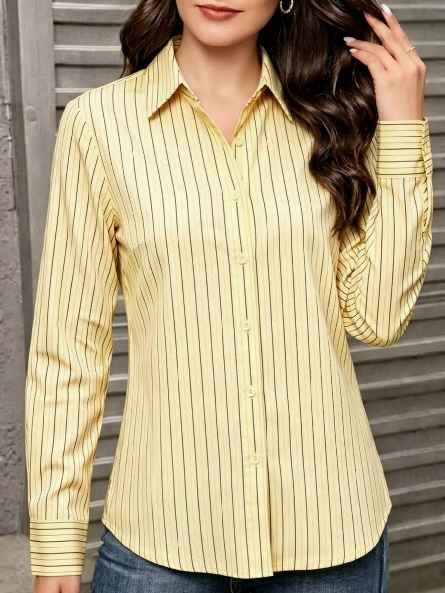 Women's Striped Button Down Shirts Long Sleeve Business Casual Work Office Blouse Retro Collared Tops - Yellow - View 1