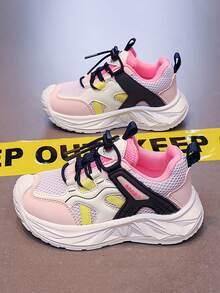 1 Pair Girls' Pink, White & Yellow Colorblock Mesh Slip-On Drawstring Thick Sole Dad Sneakers, Sweet & Cool Dopamine Sporty Style, Suitable For School, Camping And Multiple Occasions - Pink - View 1