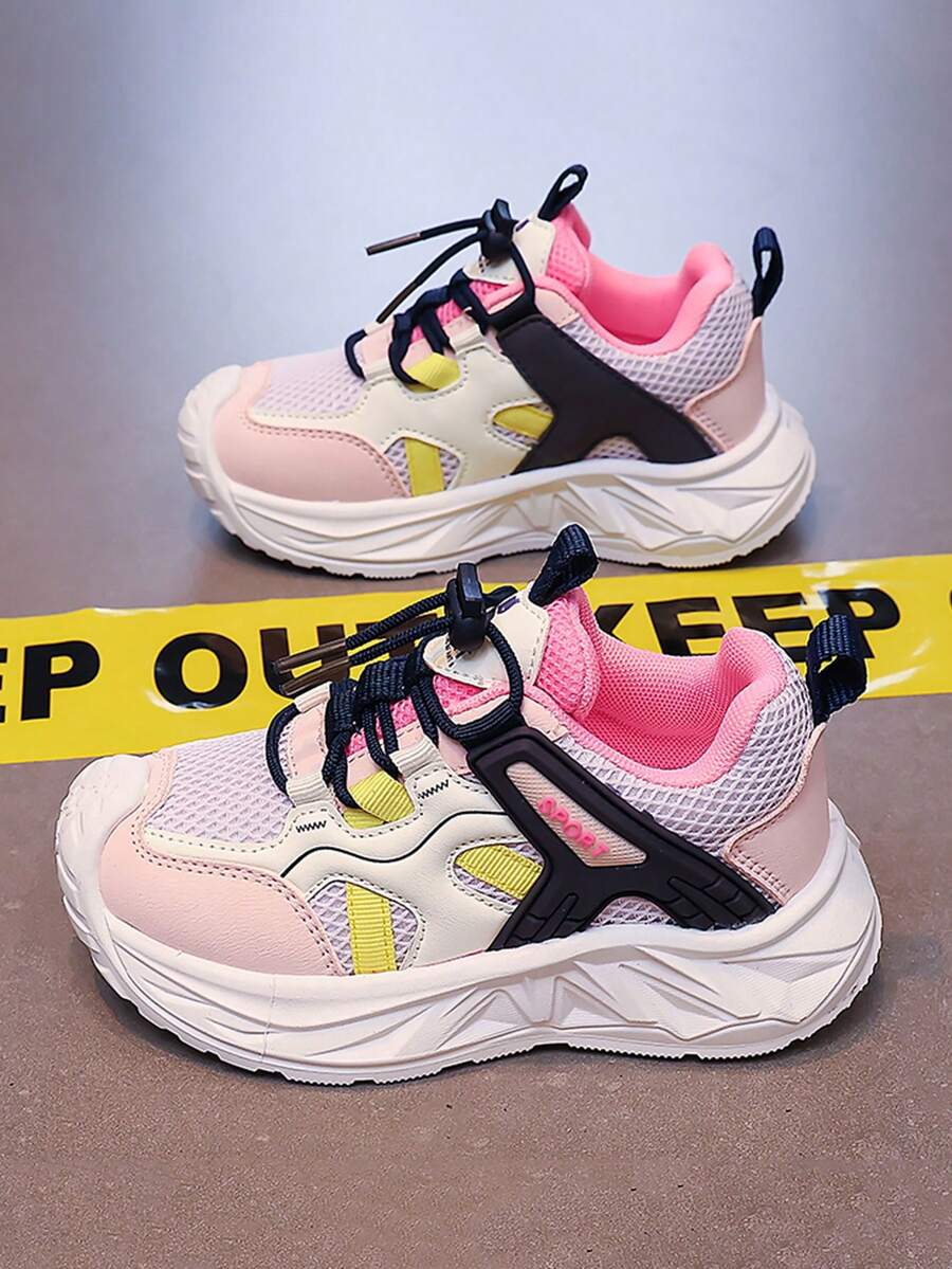 1 Pair Girls' Pink, White & Yellow Colorblock Mesh Slip-On Drawstring Thick Sole Dad Sneakers, Sweet & Cool Dopamine Sporty Style, Suitable For School, Camping And Multiple Occasions - Pink - View 1