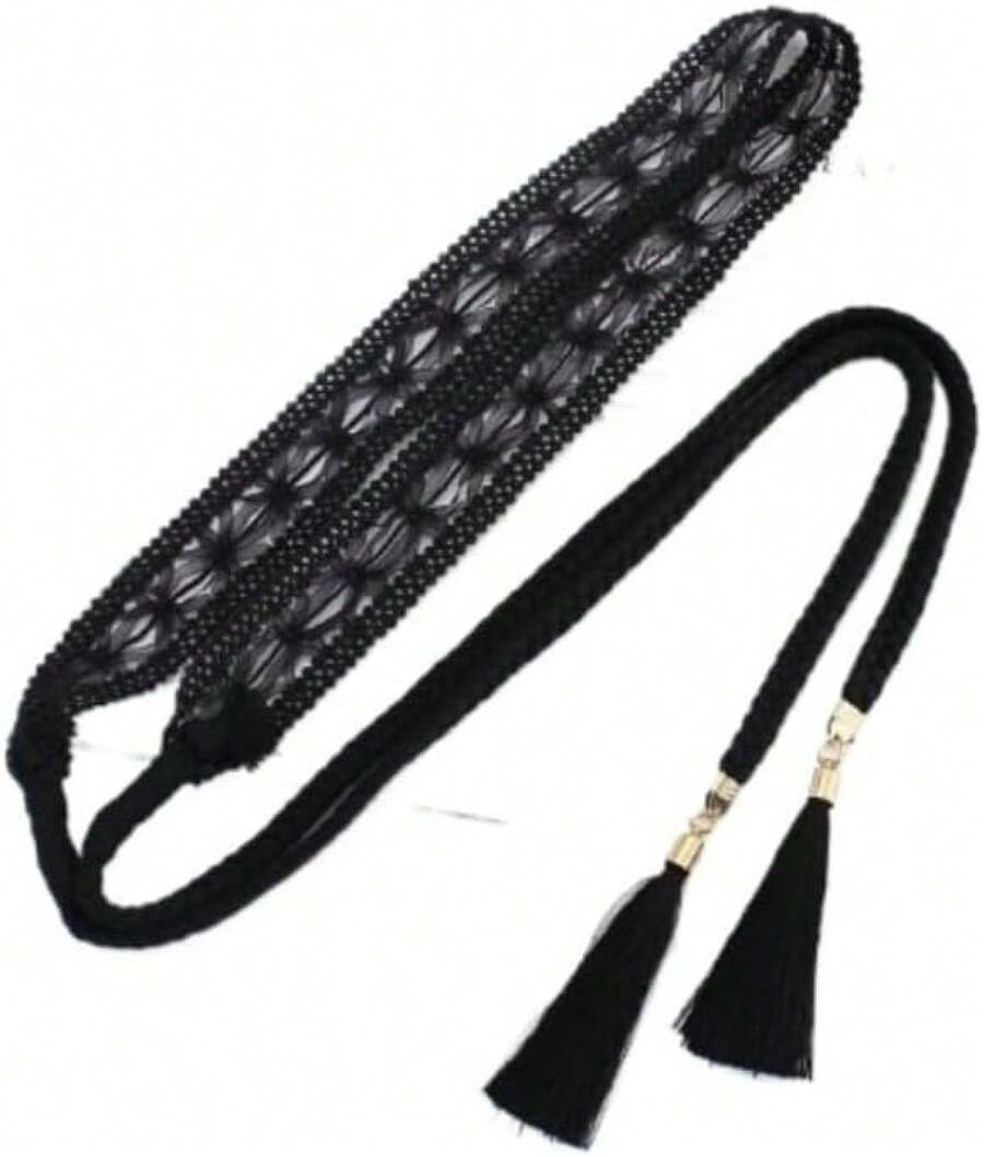 Vestido de Mujer con Cadena Decorativa en la Cintura, Trenzado de Encaje y Cuerda de Algodón - B - Ver 1