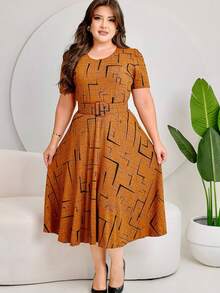 GODÊ MIDI DRESS WITH FULL SKIRT WITH BELT AND GEOMETRIC PRINT - Camel - Ver 7