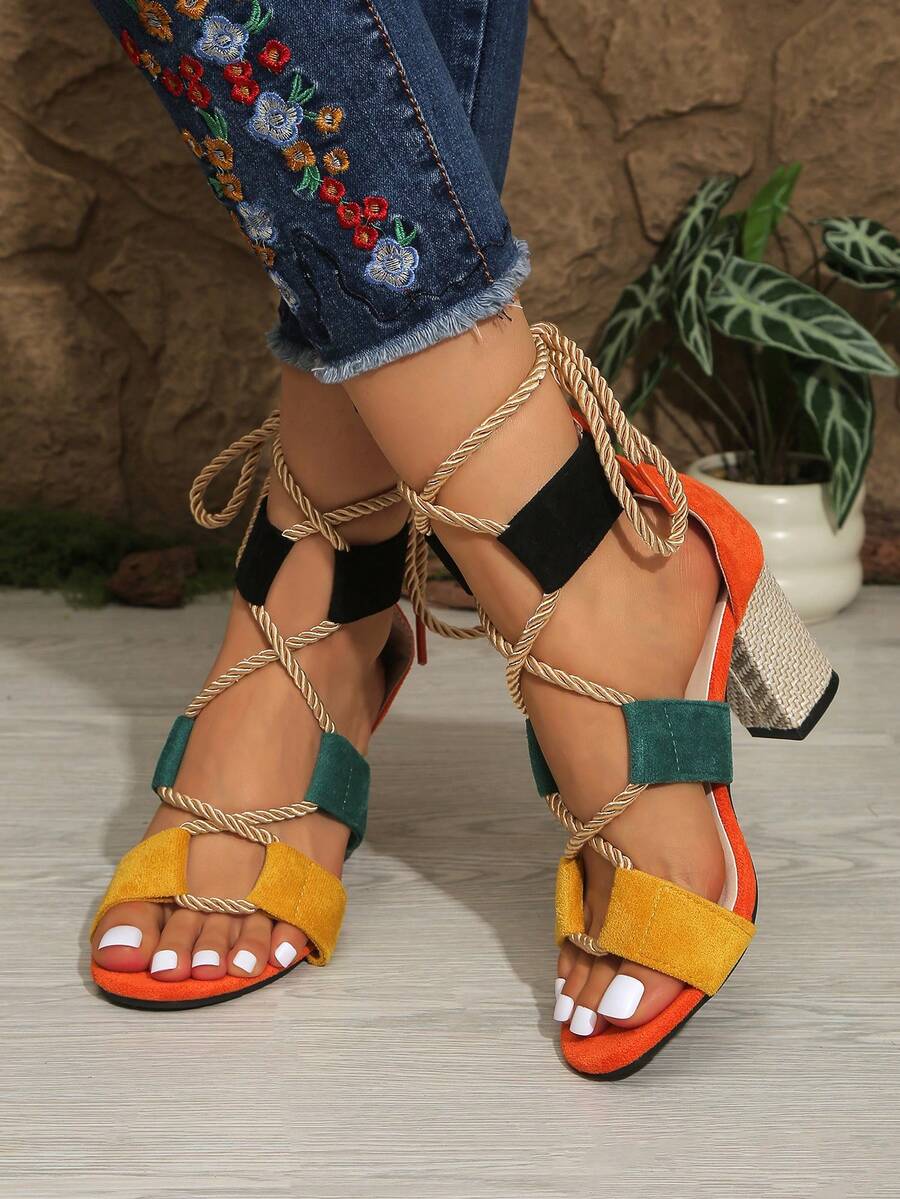 Women's High Heel Sandals Chunky Heel Open Toe Hollow Out High Top Sandals Sexy Fashion Women's Boots Plus Size Contrast Color Lace-Up Boots - Orange - View 1