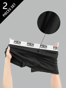Norcotton 2pcs Men's Boxer Briefs, Letter Waistband, Milk Silk Breathable Comfortable Shorts - Black - View 7