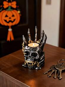 1 pieza Portavelas de mano de esqueleto gótico, decoración de Halloween con vela de té encendida, cadena espeluznante y dedos de hueso, centro de mesa de terror para fiesta en casa o casa embrujada - A - Ver 9