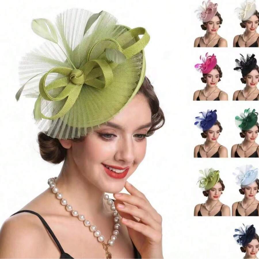 1 pieza Tocado de mujer con plumas, tocado nupcial vintage, sombrero de derby para boda, sombrero de cóctel para fiesta de té, accesorio para el cabello para fiesta y banquete - A - Ver 1