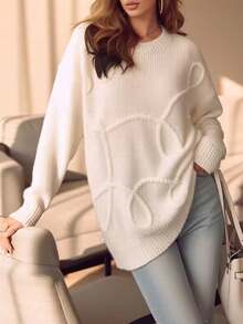 Women's Plus Size White Crew Neck Knit Sweater - Abstract Raised Texture Pullover Top With Drop Shoulder For Fall Winter Modern Chic Streetwear - Beige - View 2