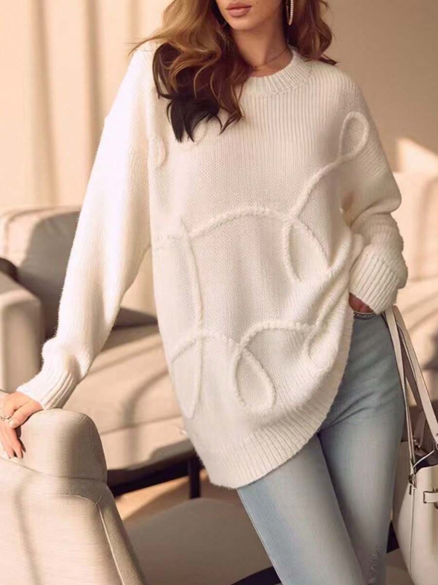 Women's Plus Size White Crew Neck Knit Sweater - Abstract Raised Texture Pullover Top With Drop Shoulder For Fall Winter Modern Chic Streetwear