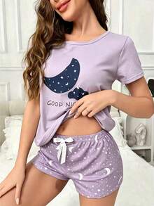 極簡卡通印花短袖上衣與星星印花短褲女款居家服兩件套睡衣 - 紫色 - 查看 1